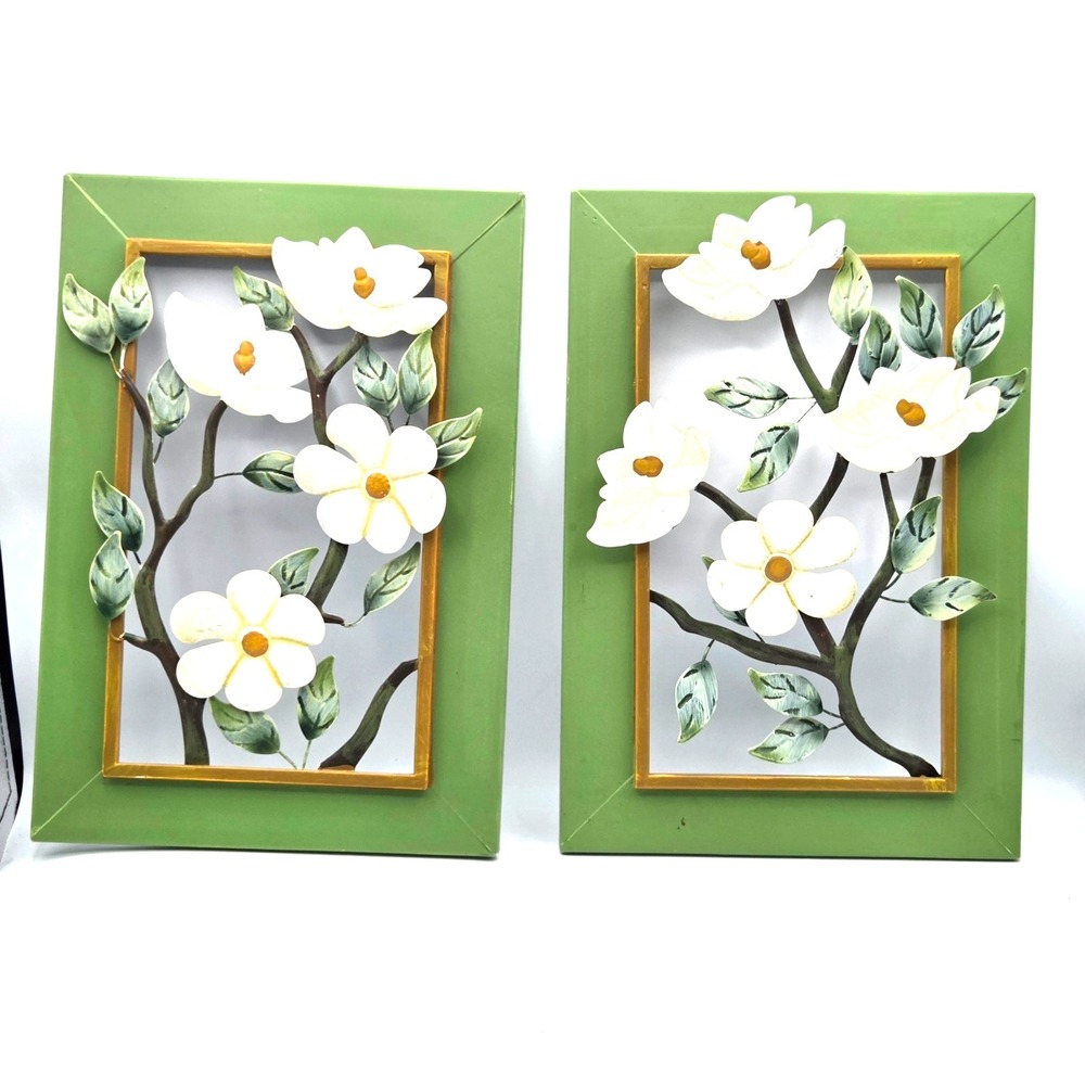 2pc Blooming White Magnolias 3-D Wall Sculptures Framed Metal Art Cottage Core